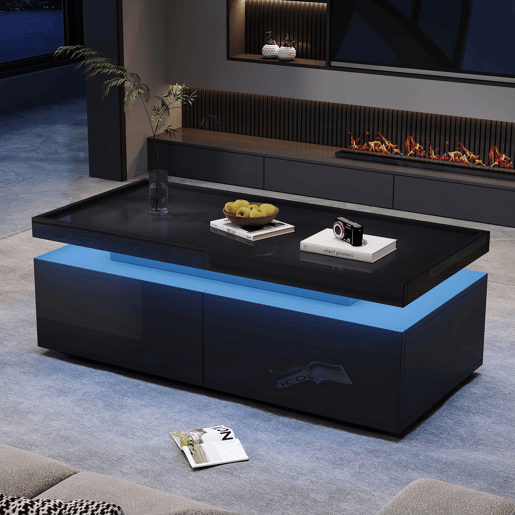 Mesa de centro 95x45x35 cm - LED, 2 gavetas, design geométrico, alto brilho - preto
