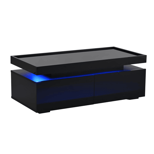 Mesa de centro 95x45x35 cm - LED, 2 gavetas, design geométrico, alto brilho - preto
