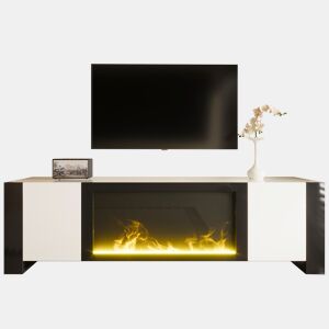Móvel de TV com lareira elétrica - Efeito de chama, sem função de aquecimento, Alto brilho - Branco+Preto