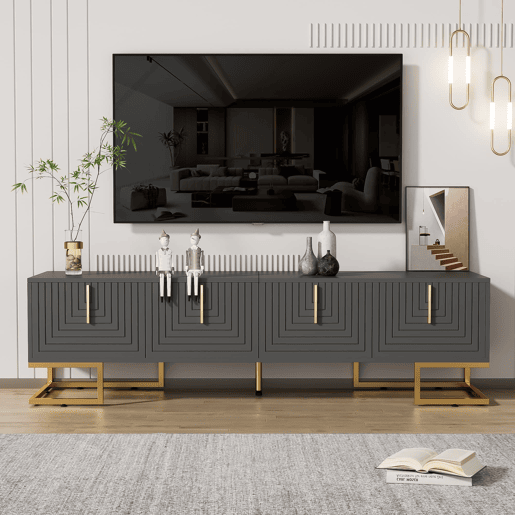 Móvel de TV 170x35x47,5 - Porta estruturada, puxadores e pés dourados - Cinza