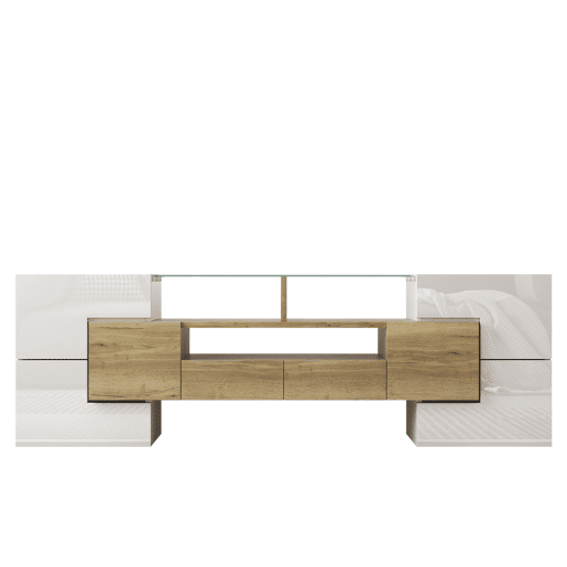 Móvel de TV 145 cm - Lowboard, Design moderno, LED, Superfície de vidro elegante - Branco+Dourado