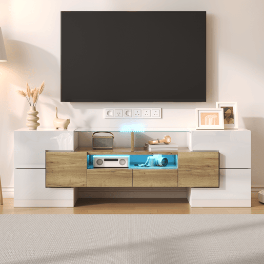 Móvel de TV 145 cm - Lowboard, Design moderno, LED, Superfície de vidro elegante - Branco+Dourado