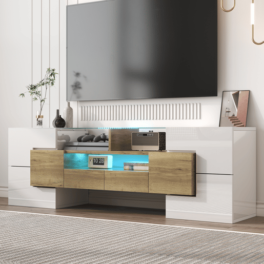 Móvel de TV 145 cm - Lowboard, Design moderno, LED, Superfície de vidro elegante - Branco+Dourado