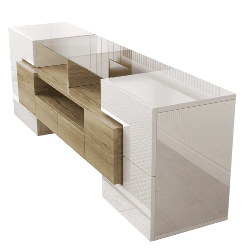 Móvel de TV 145 cm - Lowboard, Design moderno, LED, Superfície de vidro elegante - Branco+Dourado