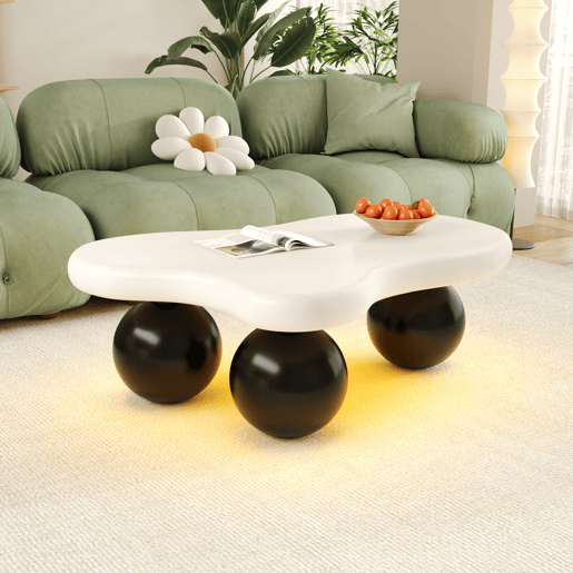 Mesa de centro nuvem - Design de nuvens com iluminação LED, pernas redondas, estilo moderno - Preto+Branco