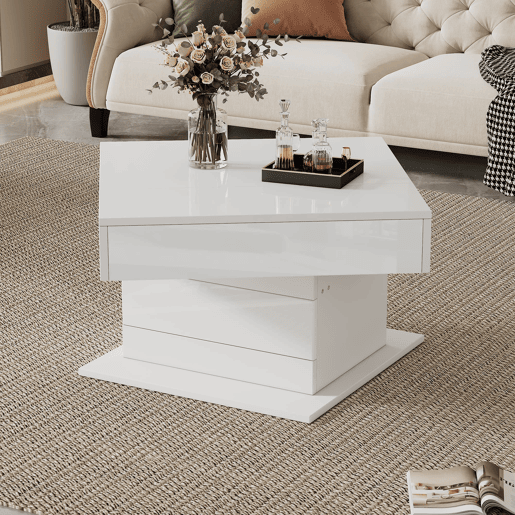 Mesa de centro 70x70x45 cm - Mesa giratória 360°, com 1 gaveta, alto brilho, com arrumação - Branco