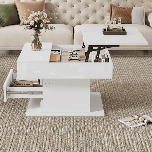 Mesa de centro 70x70x45 cm - Mesa giratória 360°, com 1 gaveta, alto brilho, com arrumação - Branco