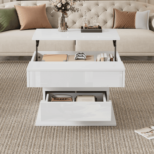 Mesa de centro 70x70x45 cm - Mesa giratória 360°, com 1 gaveta, alto brilho, com arrumação - Branco