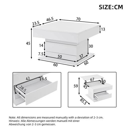 Mesa de centro 70x70x45 cm - Mesa giratória 360°, com 1 gaveta, alto brilho, com arrumação - Branco
