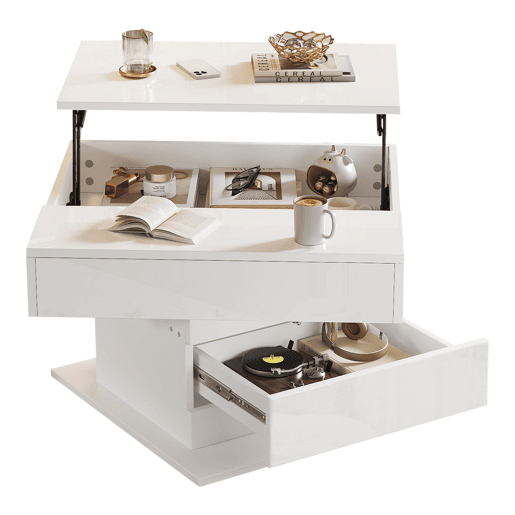 Mesa de centro 70x70x45 cm - Mesa giratória 360°, com 1 gaveta, alto brilho, com arrumação - Branco