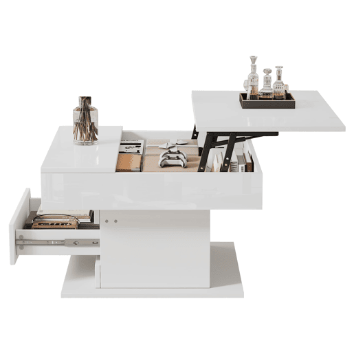 Mesa de centro 70x70x45 cm - Mesa giratória 360°, com 1 gaveta, alto brilho, com arrumação - Branco