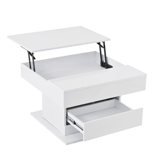 Mesa de centro 70x70x45 cm - Mesa giratória 360°, com 1 gaveta, alto brilho, com arrumação - Branco