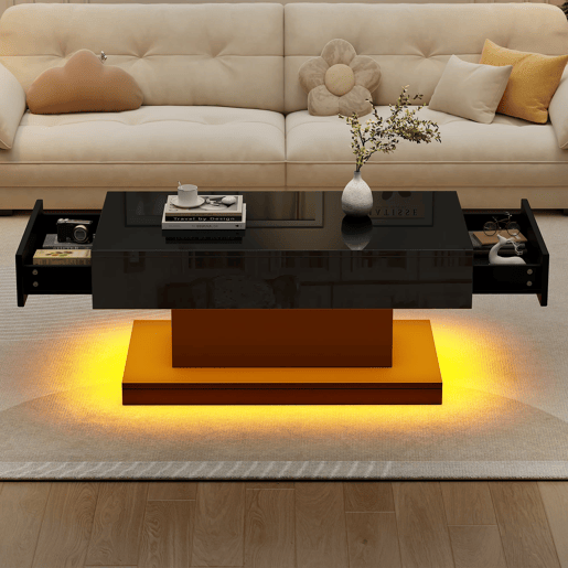 Mesa de centro 100x50x45 cm - 2 gavetas, mesa de café com luz LED - Cor preta
