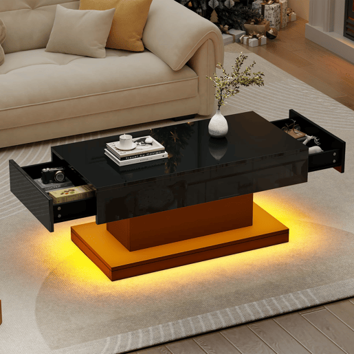 Mesa de centro 100x50x45 cm - 2 gavetas, mesa de café com luz LED - Cor preta
