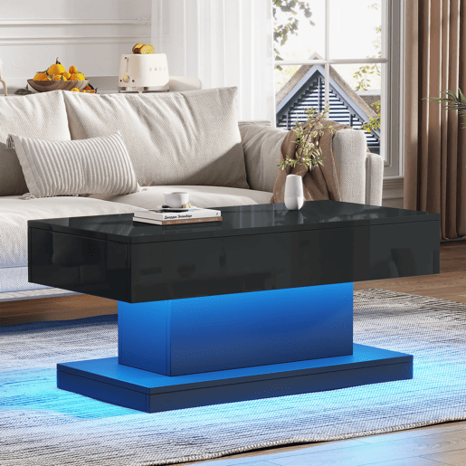 Mesa de centro 100x50x45 cm - 2 gavetas, mesa de café com luz LED - Cor preta