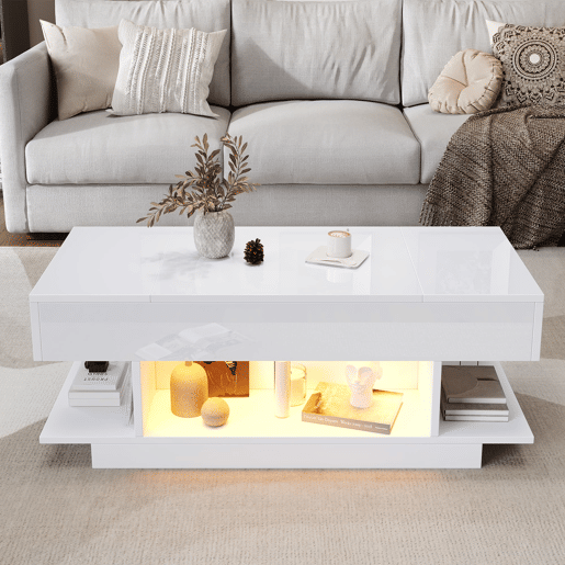 Mesa de centro elevável 98x45x40 cm - Sofá com mesa elevável, 2 armários dobráveis, LED, branco Mesa de centro elevável 98x45x40 cm - Sofá com mesa elevável, 2 armários dobráveis, LED, branco