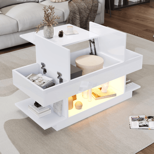 Mesa de centro elevável 98x45x40 cm - Sofá com mesa elevável, 2 armários dobráveis, LED, branco Mesa de centro elevável 98x45x40 cm - Sofá com mesa elevável, 2 armários dobráveis, LED, branco