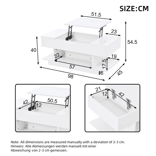 Mesa de centro elevável 98x45x40 cm - Sofá com mesa elevável, 2 armários dobráveis, LED, branco Mesa de centro elevável 98x45x40 cm - Sofá com mesa elevável, 2 armários dobráveis, LED, branco