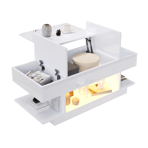 Mesa de centro elevável 98x45x40 cm - Sofá com mesa elevável, 2 armários dobráveis, LED, branco Mesa de centro elevável 98x45x40 cm - Sofá com mesa elevável, 2 armários dobráveis, LED, branco