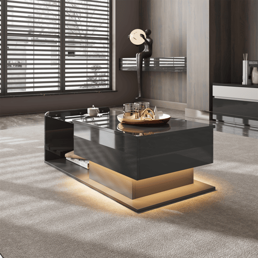 Mesa de café - Alta brilho, mesa auxiliar, mesa de café com vidro e efeito LED - Preto