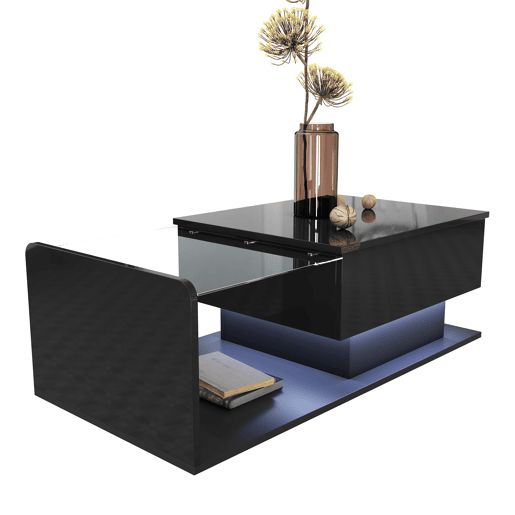 Mesa de café - Alta brilho, mesa auxiliar, mesa de café com vidro e efeito LED - Preto