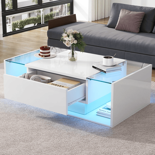 Mesa de centro 100x50x31 cm - Mesa de café com 1 gaveta e luz LED - Branca