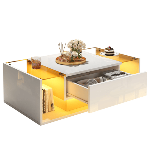 Mesa de centro 100x50x31 cm - Mesa de café com 1 gaveta e luz LED - Branca