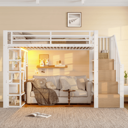 Cama alta 90x200 cm - Estrutura metálica, prateleira, escada integrada, barra de proteção, luz LED, arrumação aberta - Branco
