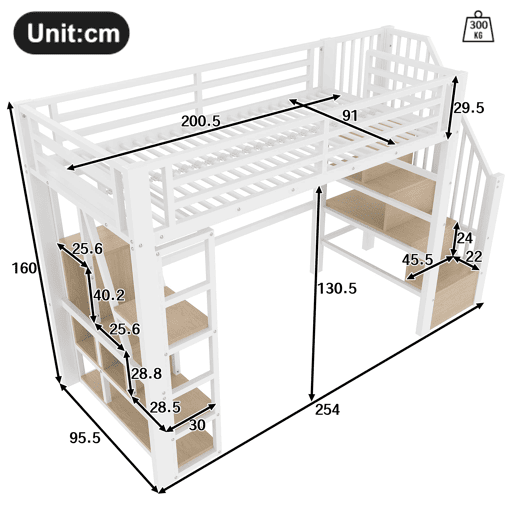Cama alta 90x200 cm - Estrutura metálica, prateleira, escada integrada, barra de proteção, luz LED, arrumação aberta - Branco