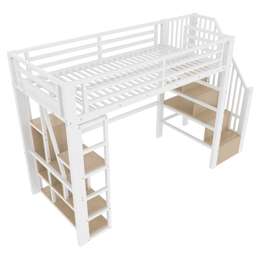 Cama alta 90x200 cm - Estrutura metálica, prateleira, escada integrada, barra de proteção, luz LED, arrumação aberta - Branco