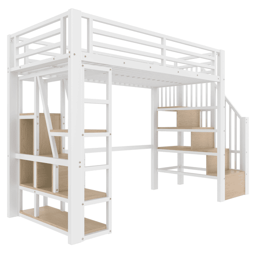 Cama alta 90x200 cm - Estrutura metálica, prateleira, escada integrada, barra de proteção, luz LED, arrumação aberta - Branco