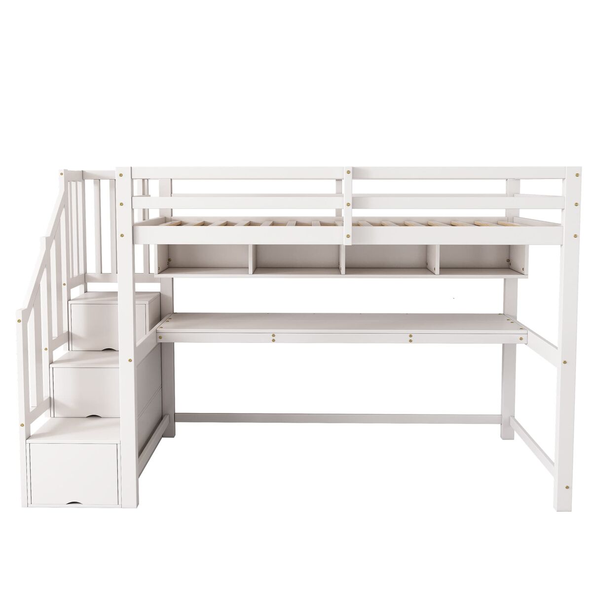cama alta infantil 90x200 - con escalera y escritorio estantes madera macizamdf - blanco