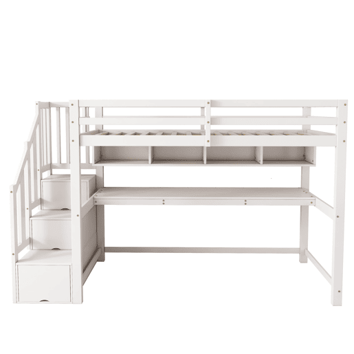 Cama alta infantil 90x200 - com escada e secretária, prateleiras, madeira maciça + MDF - Branco
