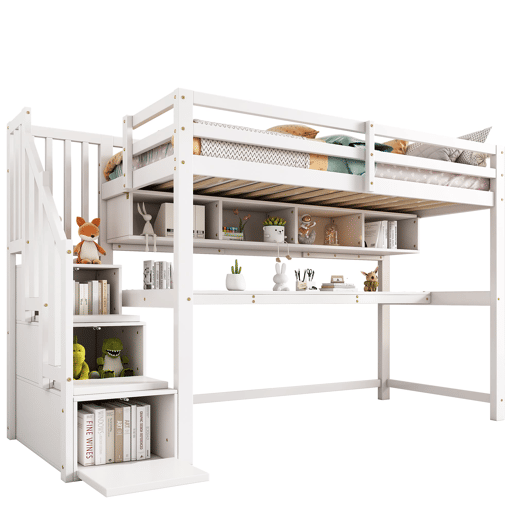 Cama alta infantil 90x200 - com escada e secretária, prateleiras, madeira maciça + MDF - Branco
