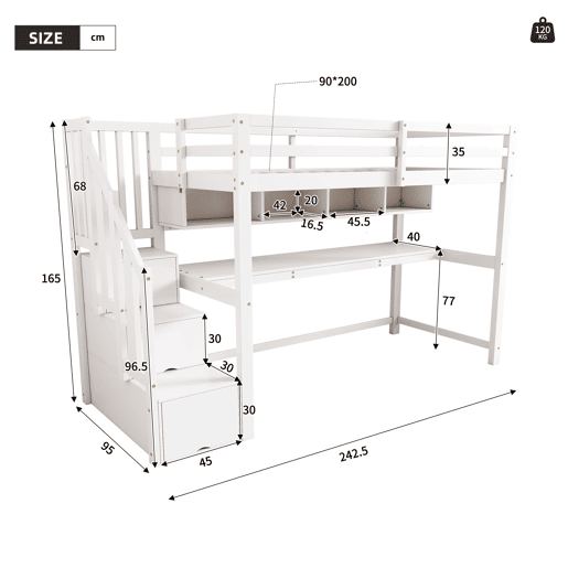 Cama alta infantil 90x200 - com escada e secretária, prateleiras, madeira maciça + MDF - Branco