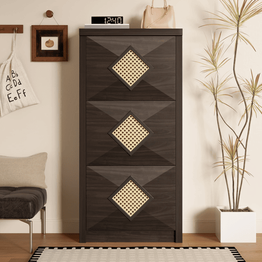 Sapateira 54x25x115 cm - 3 portas batentes, design rattan vintage - madeira