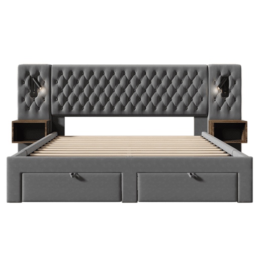 Conjunto de cama 160x200 cm - Cabeceira com luz de leitura e carregamento USB, 2 mesas de cabeceira e 4 gavetas - Cinza veludo