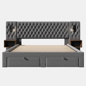 Conjunto de cama 160x200 cm - Cabeceira com luz de leitura e carregamento USB, 2 mesas de cabeceira e 4 gavetas - Cinza veludo