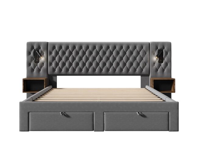 Conjunto cama 160x200 cm - cabecero con luz de lectura y carga usb, 2 mesitas y 4 cajones - gris terciopelo