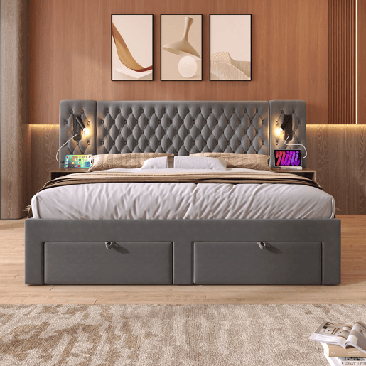 Conjunto de cama 160x200 cm - Cabeceira com luz de leitura e carregamento USB, 2 mesas de cabeceira e 4 gavetas - Cinza veludo