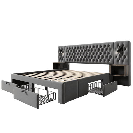 Conjunto de cama 160x200 cm - Cabeceira com luz de leitura e carregamento USB, 2 mesas de cabeceira e 4 gavetas - Cinza veludo