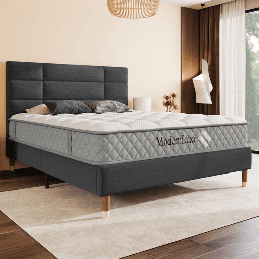 Cama estofada 140x200 cm - Com estrado e cabeceira - Linóleo cinzento escuro