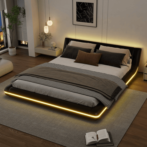 Cama plana 160x200 cm - PU, luz LED ambiente - Preto
