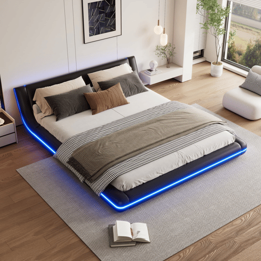 Cama plana 160x200 cm - PU, luz LED ambiente - Preto