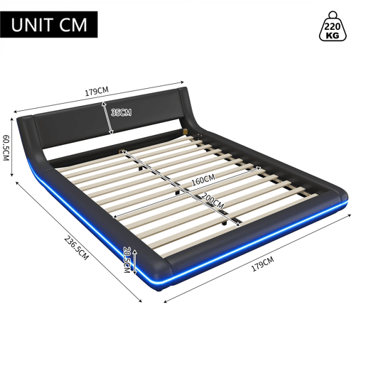 Cama plana 160x200 cm - PU, luz LED ambiente - Preto