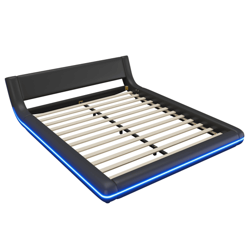 Cama plana 160x200 cm - PU, luz LED ambiente - Preto