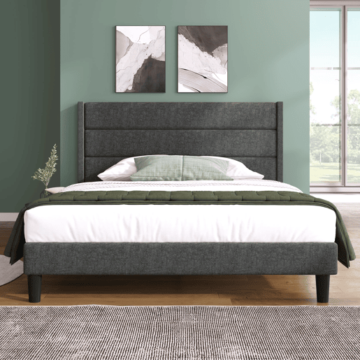 Cama estofada 140x200 cm - Com estrado e cabeceira, design moderno, linho cinza escuro, com colchão