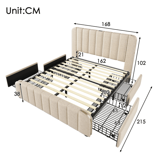 Cama estofada 160x200 cm - Cabeceira acolchoada com franjas douradas, função de carregamento USB Tipo-C, 4 gavetas - Bege
