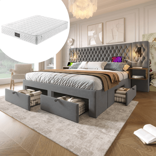 Conjunto completo para quarto 160x200 cm - Cama estofada com 2 mesas de cabeceira, 4 gavetas, luz LED com porta USB - Cinza