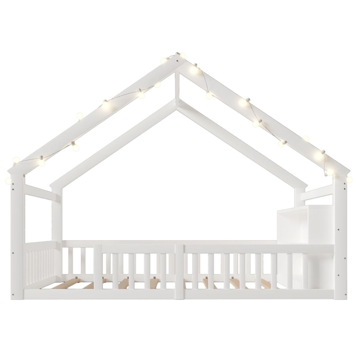 Cama baja 140x190 cm - cuna con barandillas, estilo minimalista, madera de pino, blanca